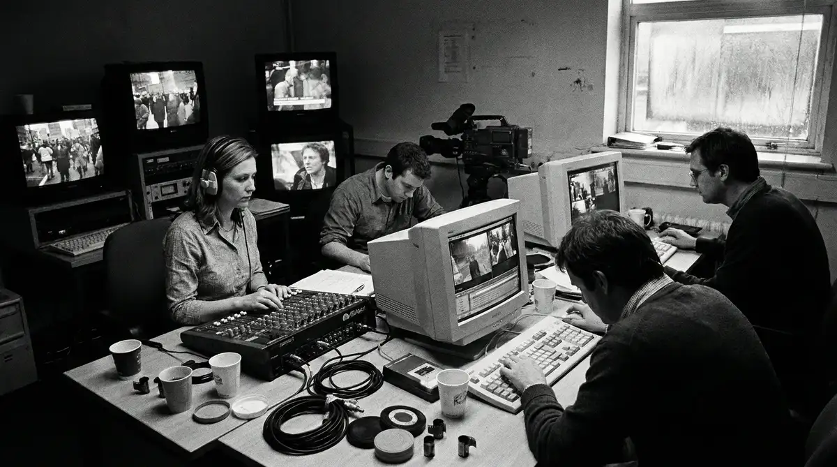 大象传媒编辑团队在剪辑室中紧张工作的纪实场景